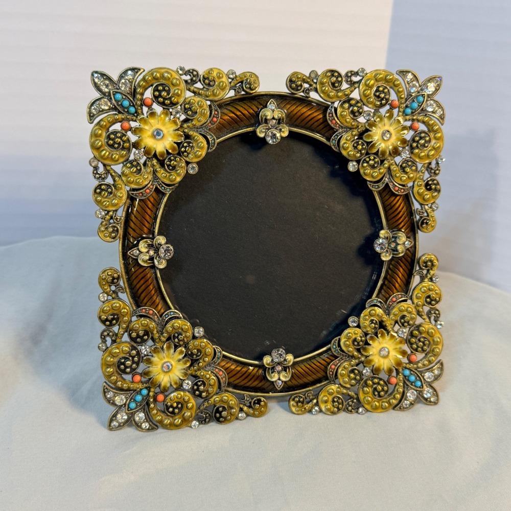 Vintage Style Ornate Floral Enamel Rhinestone Round Picture Frame 6x6 Bronze